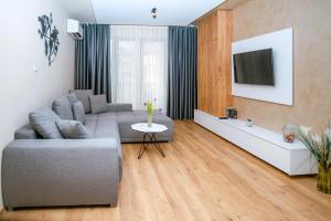 a living room with a couch and a tv at Cozy and Stylish Apartament in Stara Zagora