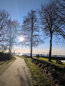 un sentiero vicino all'acqua con alberi e un molo di Hotel Tausendschön a Südbrookmerland Altre 9 foto