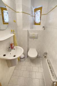 a white bathroom with a toilet and a sink at Schwalbenweg in Zingst +4 photos