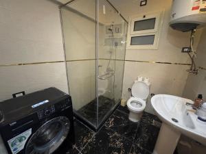 a bathroom with a shower and a toilet and a sink at Rehab Modern Apartment in New cairo +23 photos