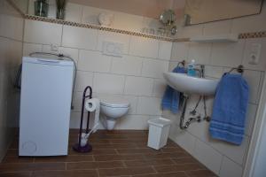 ein kleines Badezimmer mit Waschbecken und Toilette in der Unterkunft Bungalow Gartenzauber in Grube