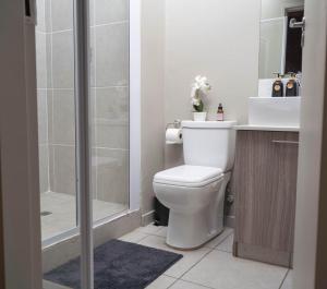 a bathroom with a toilet and a sink and a shower at Two At Urban Pulse in Johannesburg +27 photos