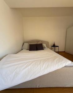 un grande letto bianco con due cuscini sopra di Cozy StudioApartment with Graden in Graz Free Parking a Graz