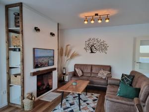 a living room with a couch and a fireplace at Seehaus Westufer in Walchum