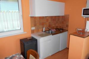 a small kitchen with a sink and a dishwasher at Ferienbungalow Fleesensee in Malchow