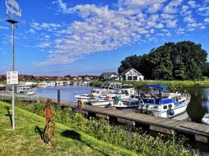 a group of boats docked at a dock at WellnessOase Hafenblick in Walchum