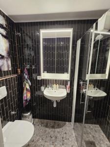 a black tiled bathroom with a sink and a toilet at ArticVieW Tromsø city centre in Tromsø +11 photos
