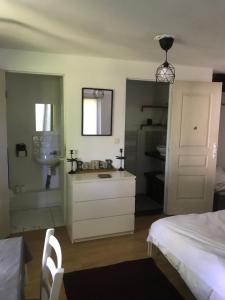 BourdonnéTiny House的卧室配有水槽、床和镜子