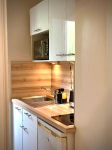 トゥールにあるCharmant studio à deux pas de la gareの白いキャビネットとシンクのあるキッチン