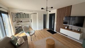 a living room with a couch and a flat screen tv at Loft Tower Sisseln in Eiken
