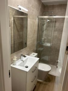 a bathroom with a toilet and a sink and a shower at Apartamentos Dream in Salamanca +32 photos