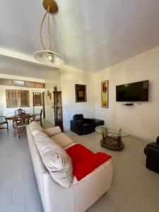 a living room with a white couch and a tv at Magnifique studio centre ville Saint louis in Saint-Louis