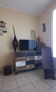 a living room with a tv and a chair at Ma maison au bord de la mer in Saint-Hilaire-de-Riez