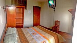 a bedroom with a bed and a tv in it at Hostal Sauna Tambo Wasi in Huancayo