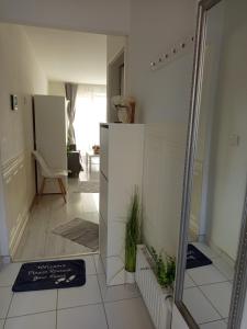 a hallway with a mirror and a room at Duna Apartment, FreeGarage, 2Room, smartTV,Dishwasher,AC in Budapest +31 photos