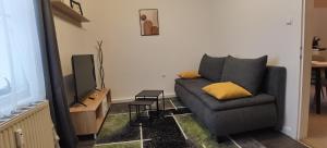 a living room with a couch and a flat screen tv at Ferienwohnung Alexander in Niederaigen
