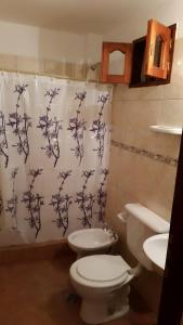 un bagno con un water e una tenda da doccia di Alquiler Temporario Salta a Salta Altre 18 foto