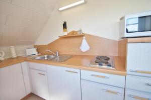 eine kleine Küche mit Spüle und Mikrowelle in der Unterkunft Müller 4 - a10797 in Dahme