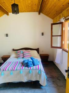 a bedroom with a bed with blue pillows on it at Recanto Manacá- Monte Verde in Camanducaia