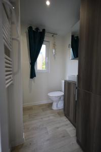 a bathroom with a toilet and a window at Mobilheim Sol in Borgdorf-Seedorf