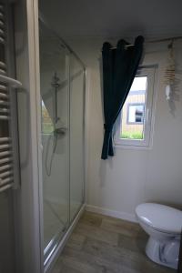a bathroom with a shower and a toilet and a window at Mobilheim Sol in Borgdorf-Seedorf +2 photos