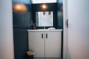 Un baño con un lavabo blanco y un espejo. en Le Perchoir - Duplex - Cozy & Atypical, en Châteauroux