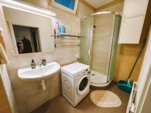 a small bathroom with a sink and a washing machine at Byt v meste Piešťany in Piešťany