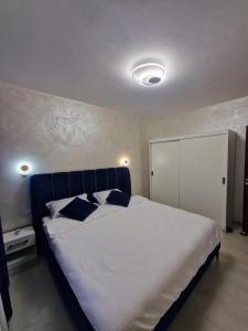 クラヨーヴァにあるBN Titulescu Apartamentのベッドルーム1室(白いシーツと青い枕の大型ベッド1台付)