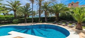 a swimming pool in a yard with palm trees at Schönes Haus mit Pool direkt am Meer in Costa des Pins +14 photos