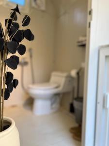 a bathroom with a toilet and a plant in a vase at كرفان العلا caravan alula in Al-ʿUla +41 photos