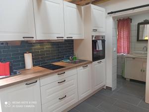 a kitchen with white cabinets and a sink at Kellerstöckl am Sauerberg 27 in Moschendorf +7 photos