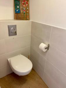 a bathroom with a toilet and a roll of toilet paper at PINEDE PLAGE 5 personnes climatisation vue mer et parc in Hyères +35 photos