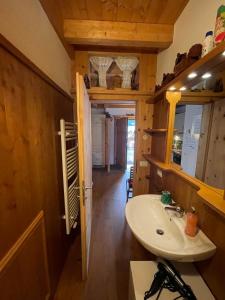 ein Badezimmer mit Waschbecken und Spiegel in der Unterkunft Luxury panoramic apartment Plan de Corones in Welsberg-Taisten