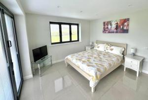 a bedroom with a bed and a flat screen tv at Pear Lodge - Somerset Holiday Homes in North Wootton