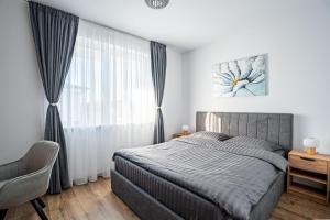 Un dormitorio con una cama y una silla y una ventana. en Didi's Apartment, en Şelimbăr 12 fotos más