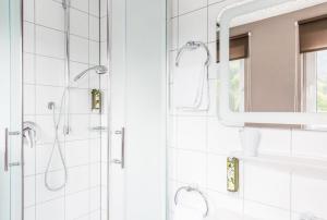 a bathroom with a shower and a mirror at Wildgrün Mini Lodge 8a in Pfronten