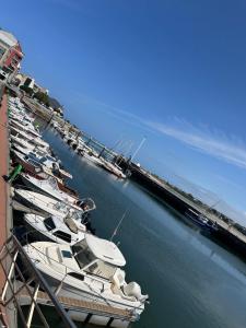 een groep boten is aangemeerd in een jachthaven bij Recuncho do Susiño in Foz