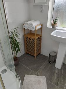 a bathroom with a sink and a towel rack and a mirror at Bluebell Cottage Portrush in Portrush