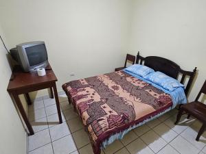 a bedroom with a bed and a tv on a table at HOSPEDAJE ALVARADO - Matrimonial - 301 - Bueno Bonito y Barato in Cajamarca