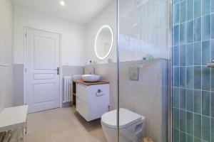 un bagno con un water, un lavandino e uno specchio di La Petite Marjolaine Charming top of Villa Vence a Vence Altre 58 foto