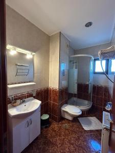 a bathroom with a sink and a toilet and a shower at Hotel Coral in Satu Mare +44 photos