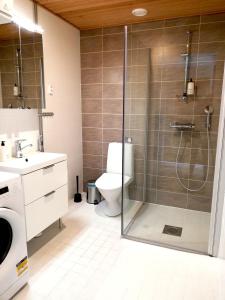 a bathroom with a shower with a toilet and a sink at Kotimaailma - Modern studio in Vaasa citycenter, Kirjastokatu in Vaasa