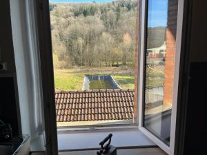 a window with a view of a pool in a yard at gite du Breuchin trois in La Longine