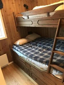 a bunk bed in a wooden room with a ladder at Trysilmountainlodge in Hovi