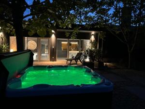 a small green pool in front of a house at night at Kékmadár Vendégház Alsómégy in Homokmégy