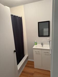 a bathroom with a sink and a tv on the wall at 301 Bealey Ave Motel Very Close to City Centre and Hagley park in Christchurch