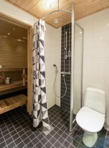 a bathroom with a toilet and a shower at Kotimaailma Two bedroom apartment with private sauna in Vaasa
