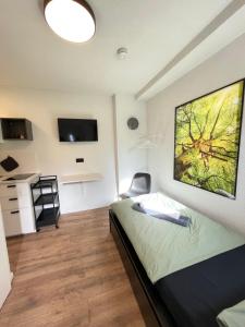 a bedroom with a bed and a desk in it at Pension Keck im Weinsberger Tal in Ellhofen