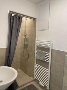 a bathroom with a shower and a sink at Pension Keck im Weinsberger Tal in Ellhofen