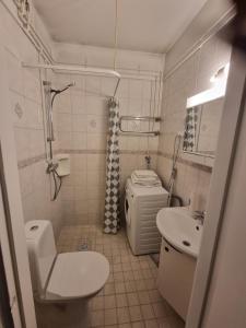 a small bathroom with a toilet and a sink at Kotimaailma 1 bedroom apartment in city center in Vaasa
